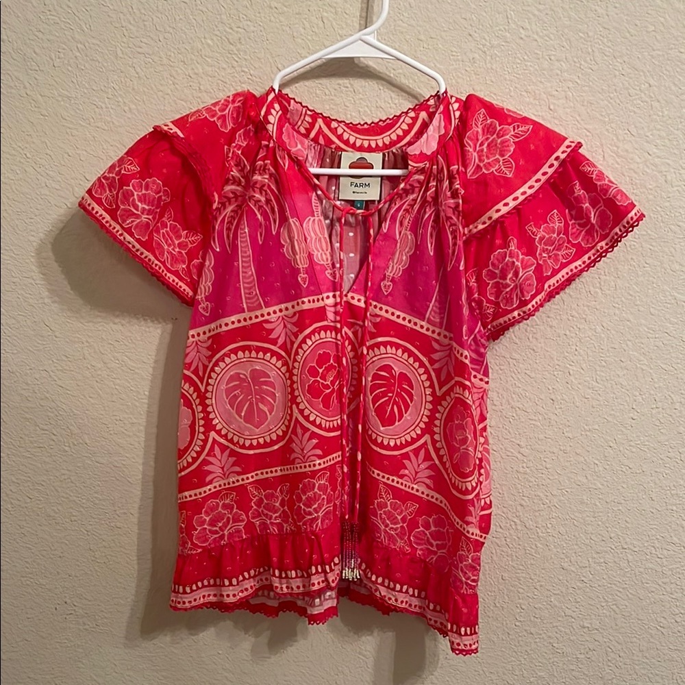 FARM Rio Red and Pink Tie Front Blouse - freshly dry cleaned!